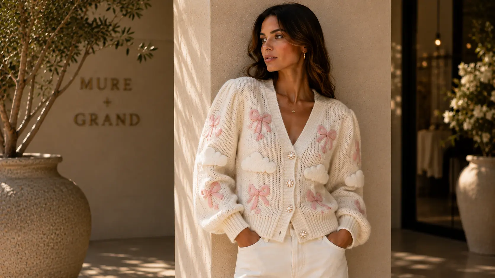 Woman wearing a cream bow-embroidered cardigan outside a boutique