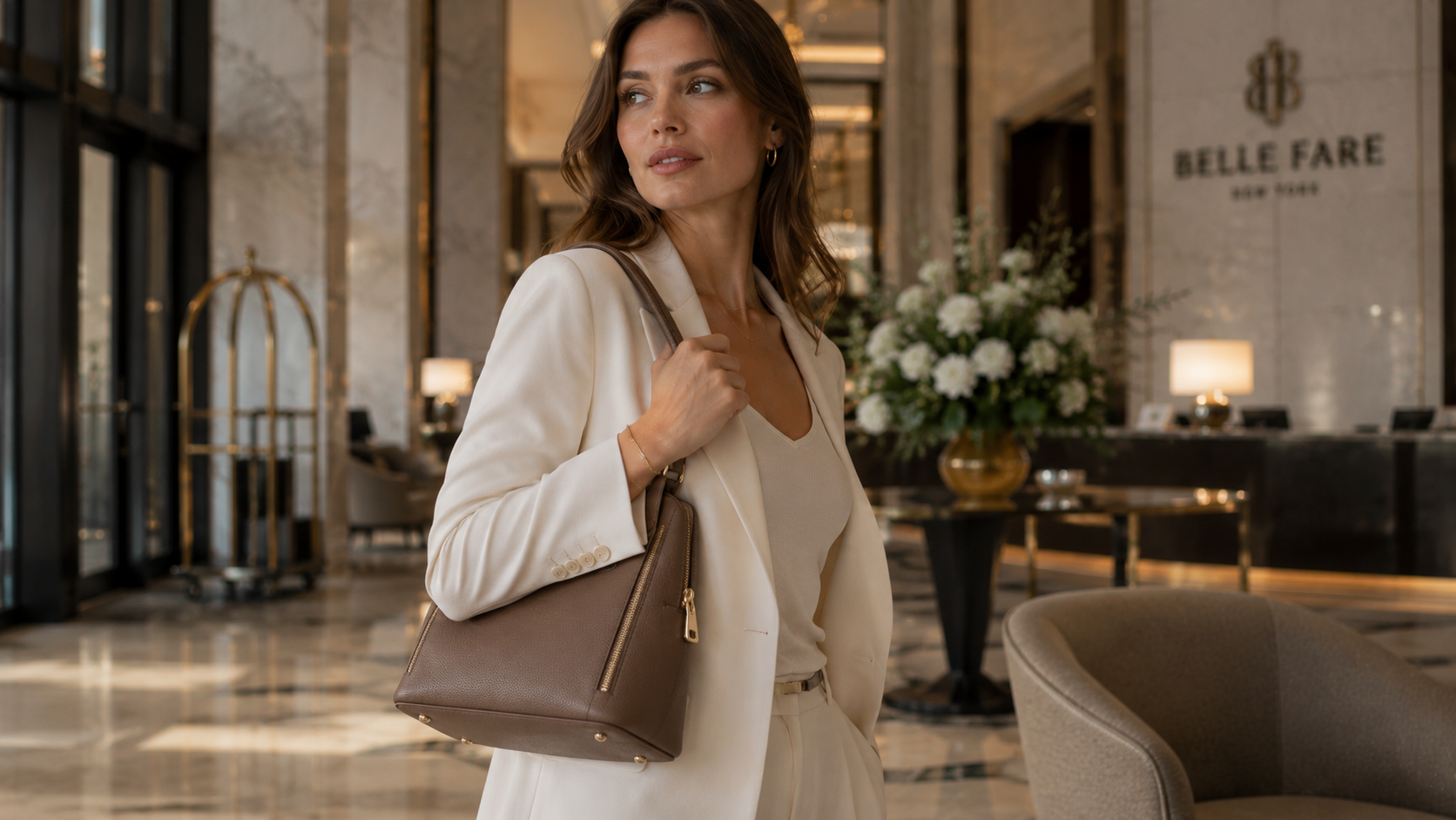 Woman in a cream blazer carrying a taupe leather shoulder bag outside a boutique