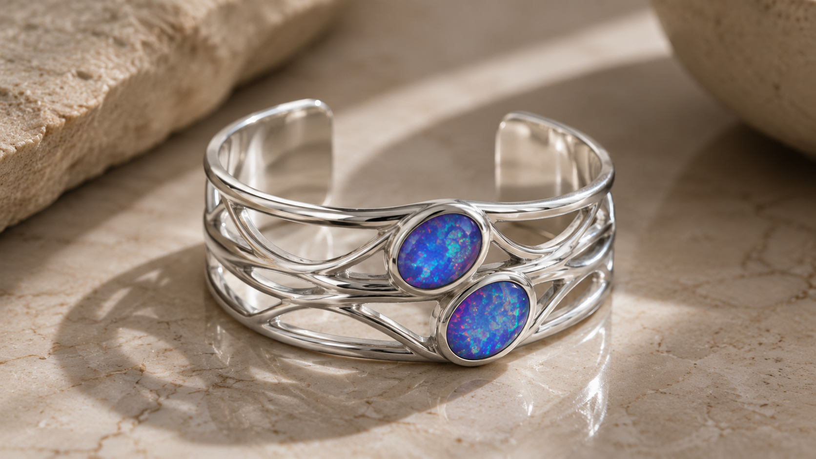 Sterling silver cuff set with two blue opal-toned stones