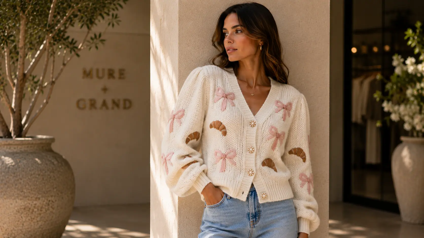Cream cardigan with pink bow and croissant embroidery styled with light denim