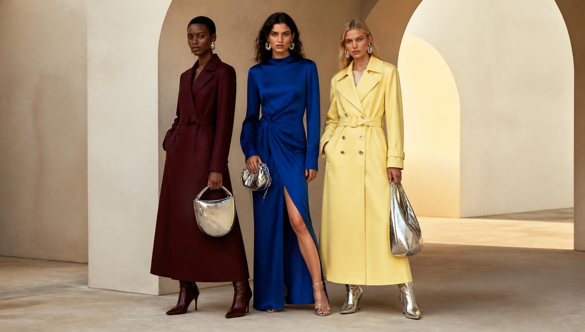 Three women wearing oxblood, cobalt blue, and butter-yellow outfits