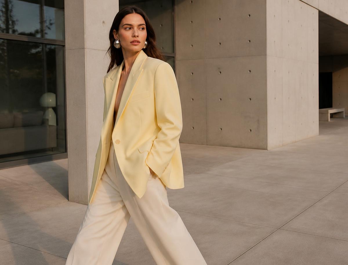 Woman wearing a pale-yellow blazer and ivory trousers outdoors