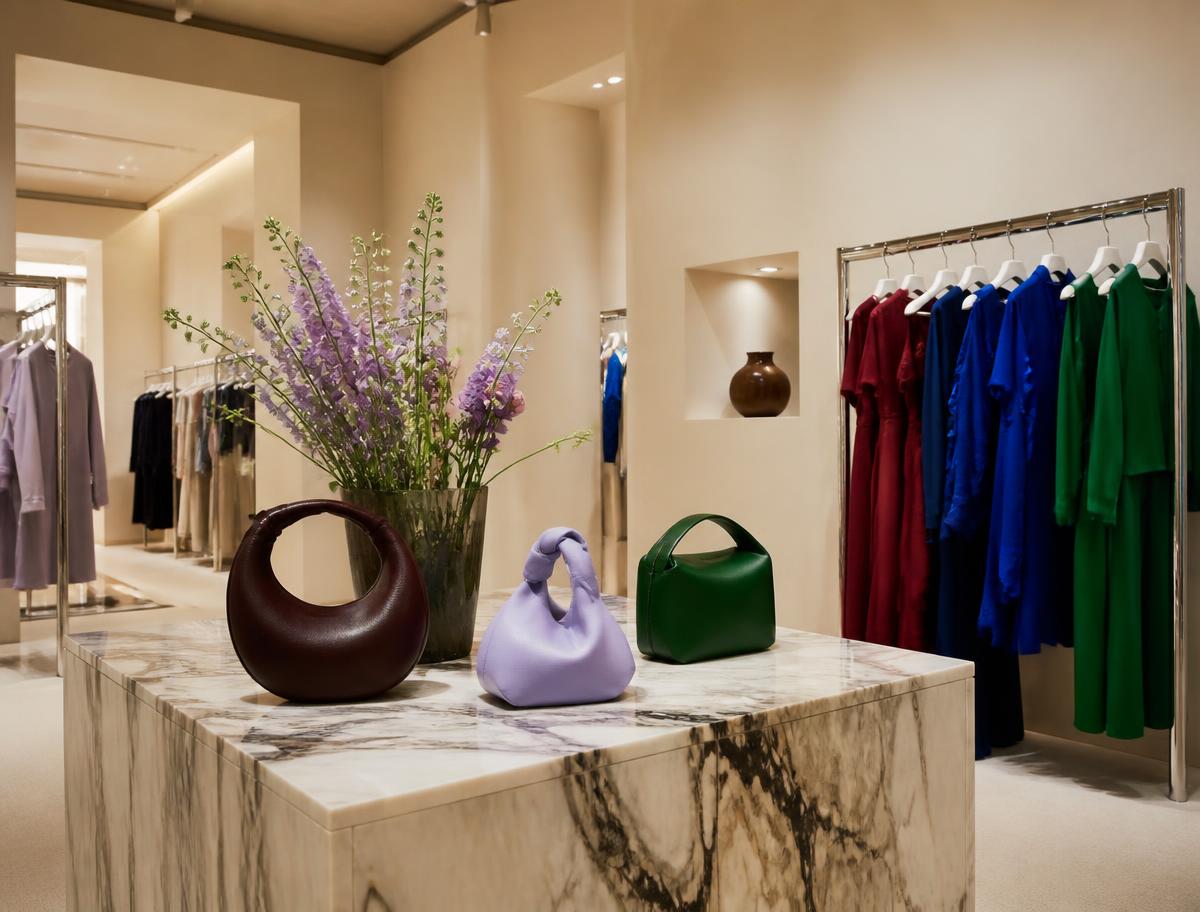 Three handbags displayed on a marble table in a boutique