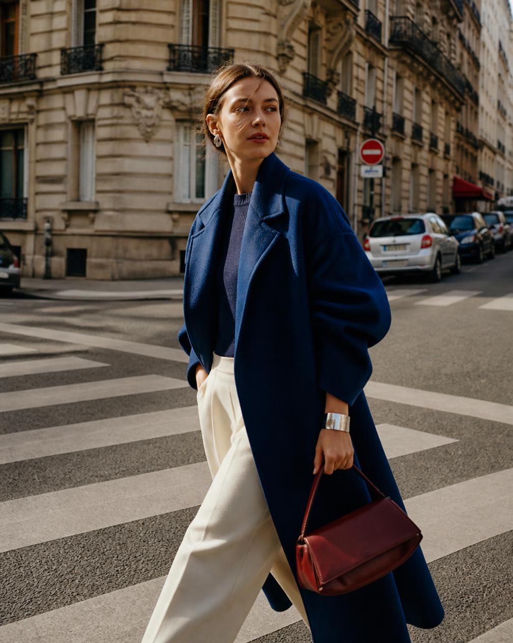 Woman wearing a navy coat and ivory trousers, carrying a burgundy bag