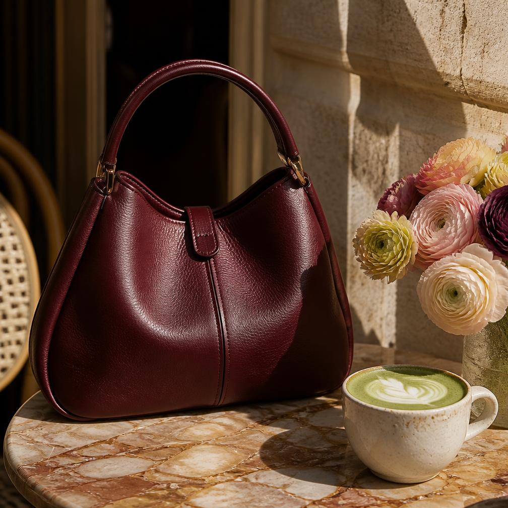 Burgundy handbag on an outdoor café table