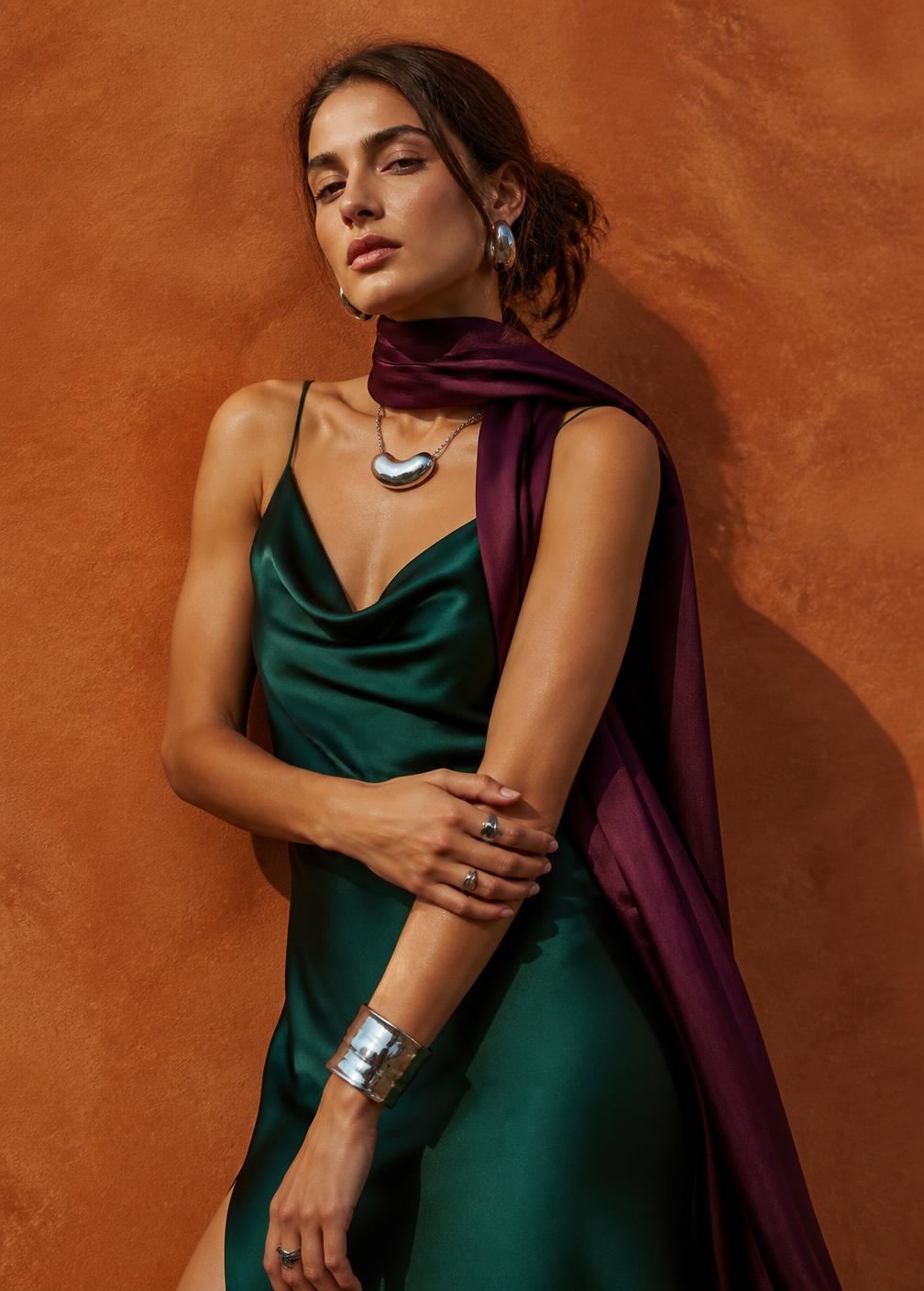 Woman wearing an emerald satin outfit with a burgundy scarf