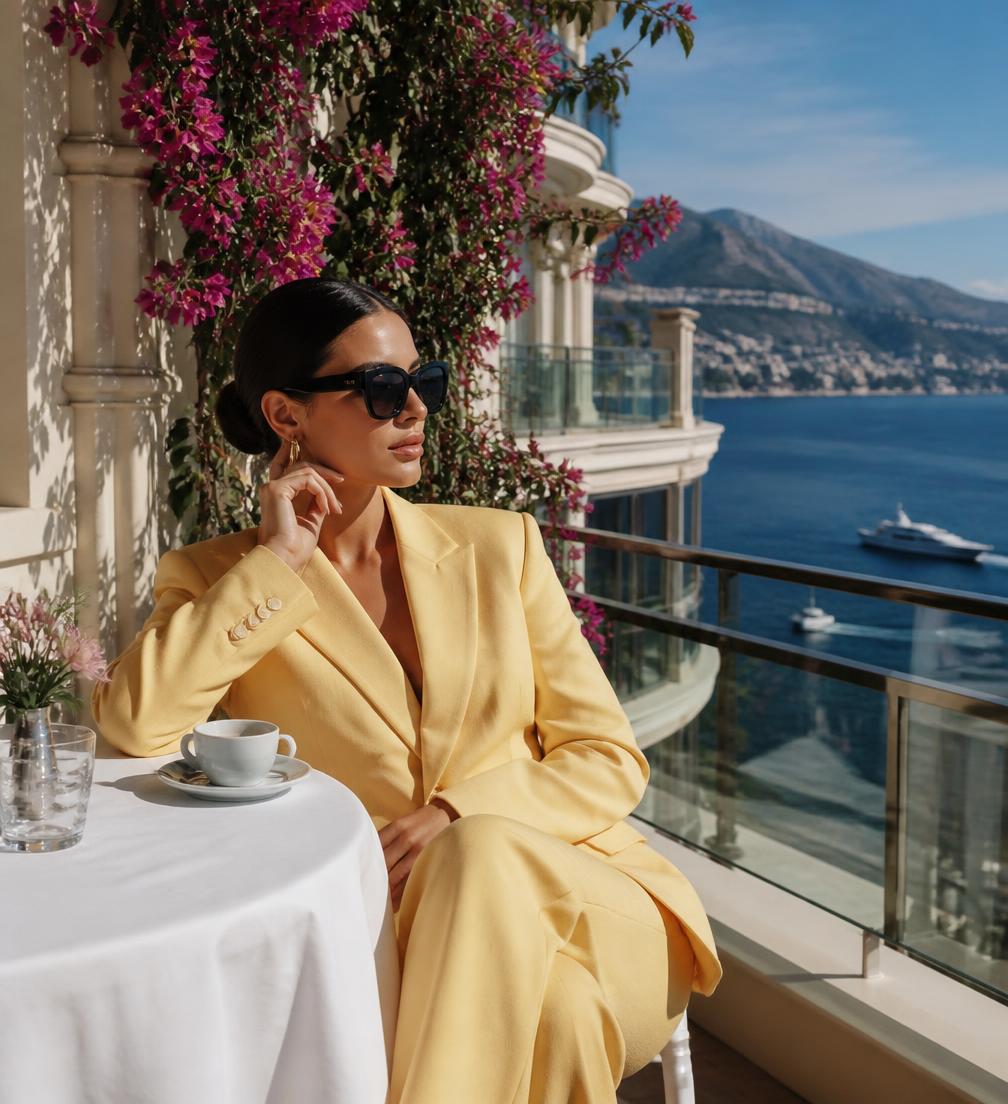 Woman wearing a butter-yellow suit on a seaside terrace